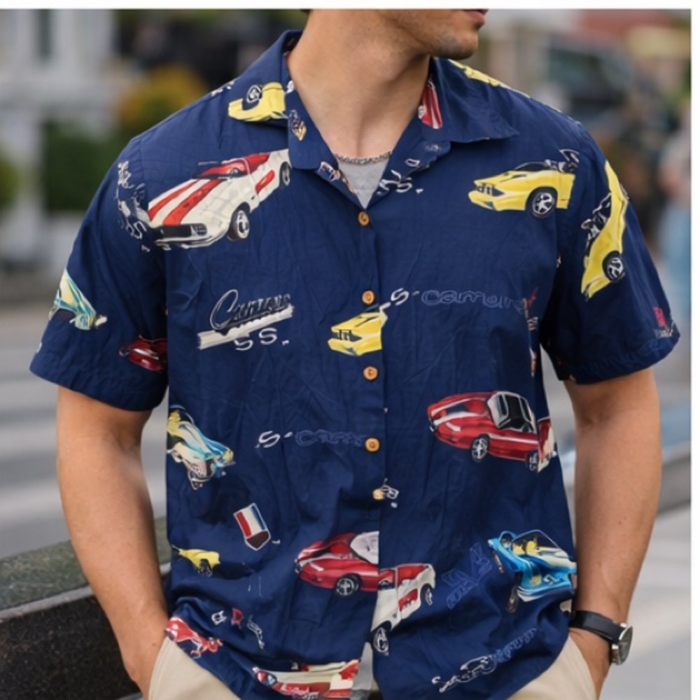 Paradise Found‎ Mens Camaro SS Hawaiian Shirt Blue Short Sleeve Size M Vinage
